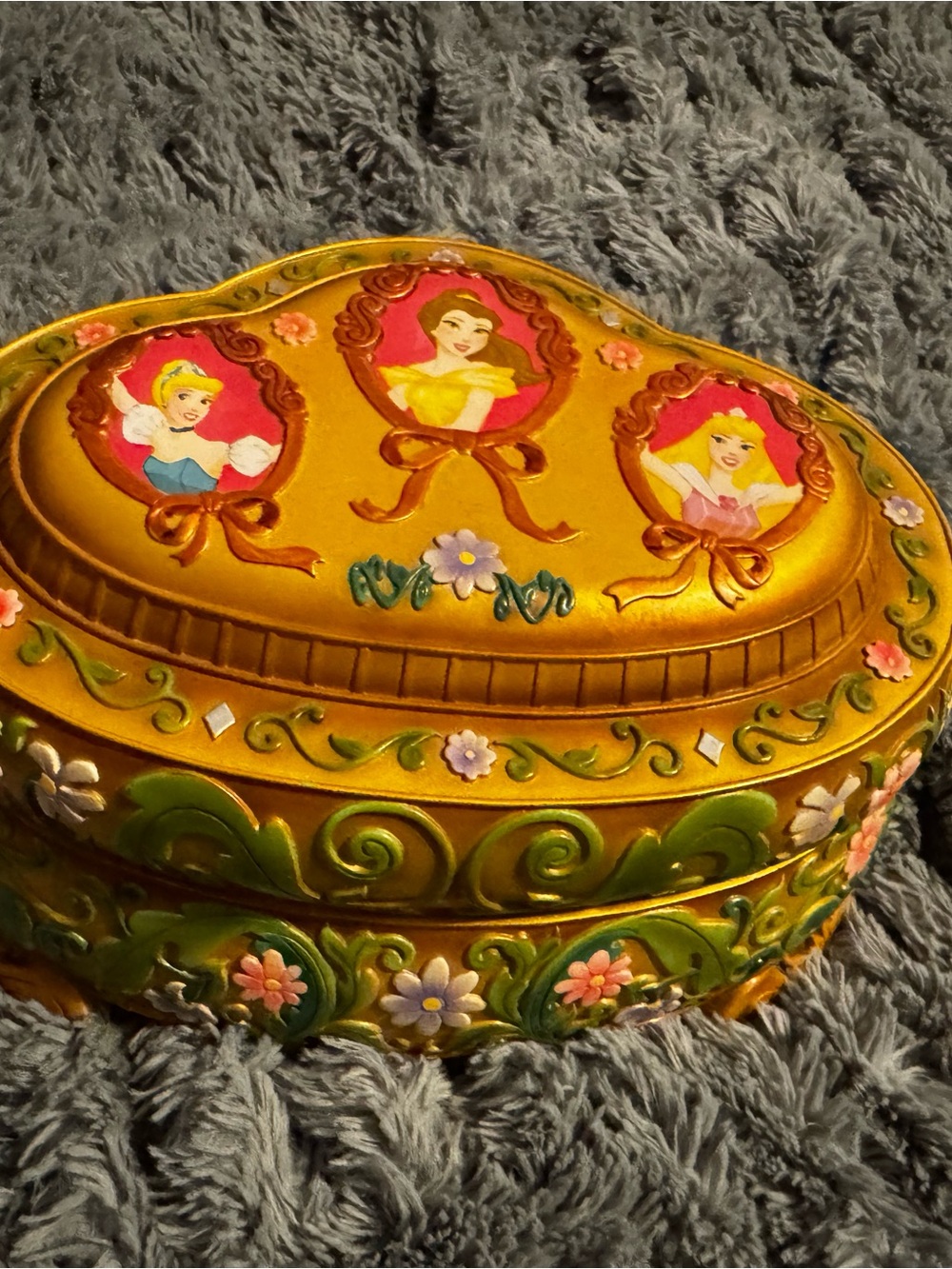 Disney Gold Heart-Shaped Princess Music Box with Pink and Green Accents